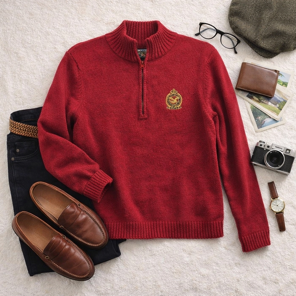 Vtg American Living 1/4 Zip Long Sleeve Red Mini Cableknit Sweater. Ladies Large